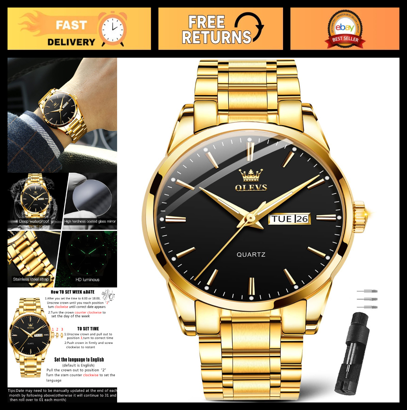 Classic Men’s Watch with Date, Stainless Steel, Luminous Quartz, Waterproof, Bus
