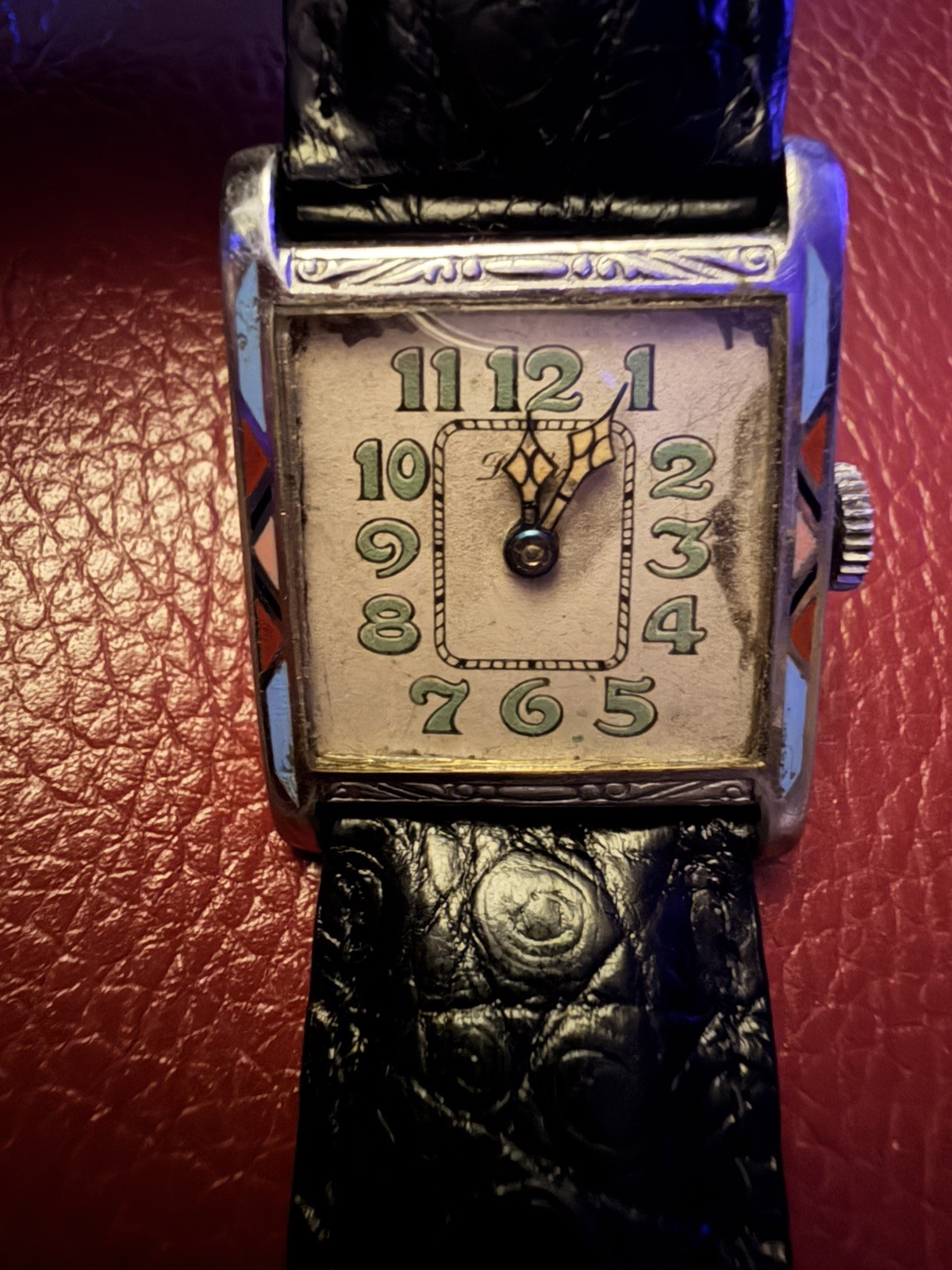 Vintage De Luxe ART DECO Enamel Nickel Chrome Watch Croc Strap. Needs service