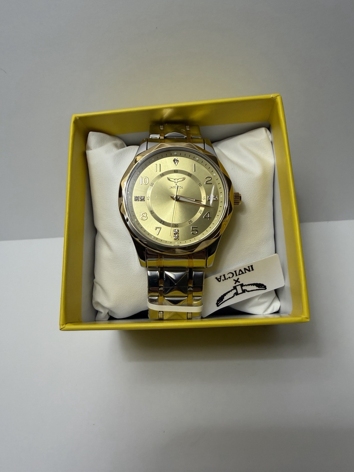 Invicta Gold Dial Quartz Dress Watch Luminous Hands Two-Tone SS Bracelet Box