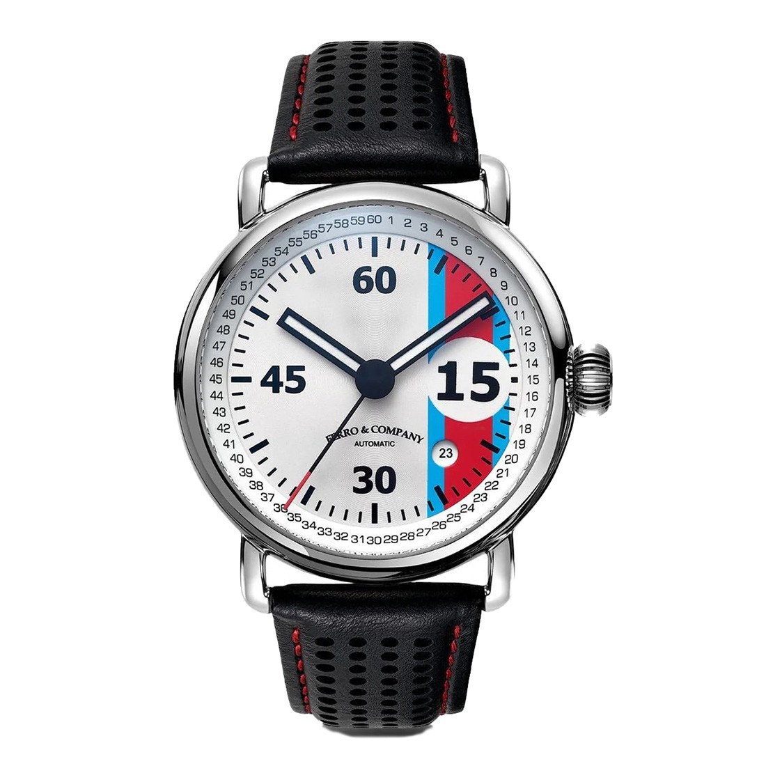 Ferro & Co. PISTA Automatic Steel Black Leather Date Sapphire Men’s Watch
