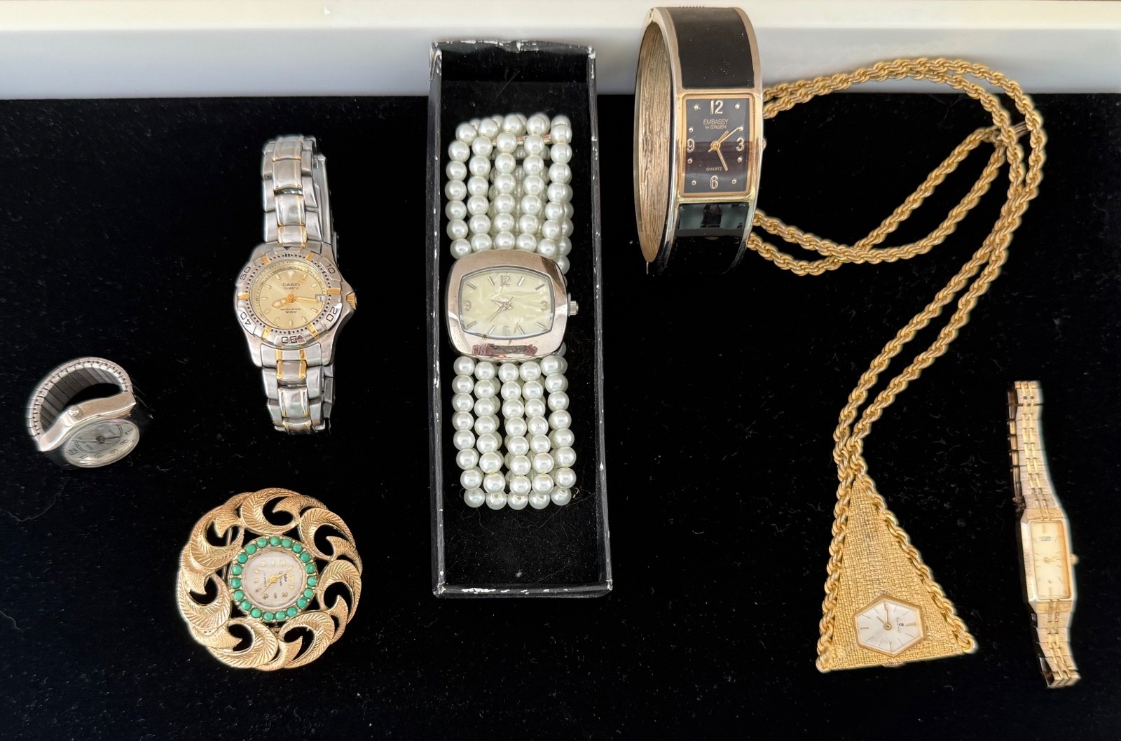LOT OF (7) LADIES FASHION WATCHES..RING.PENDANT.BROOCH..WALTHAM..CASIO..CITIZENS