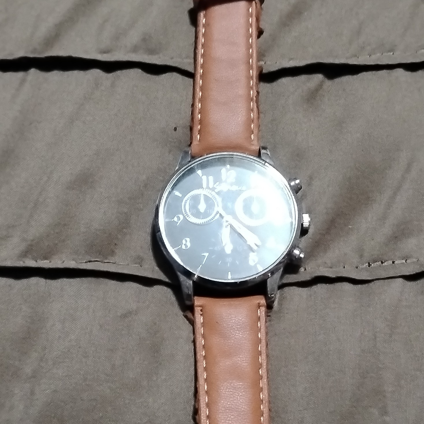 Genova Chronograph Analog Watch Black Dial Silver Case Brown Leather Strap