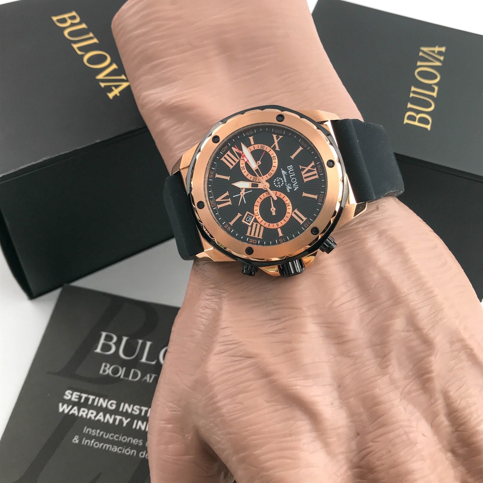 Bulova Marine Star 98B104 Black Dial Silicone Strap Chronograph Men’s Watch 44mm