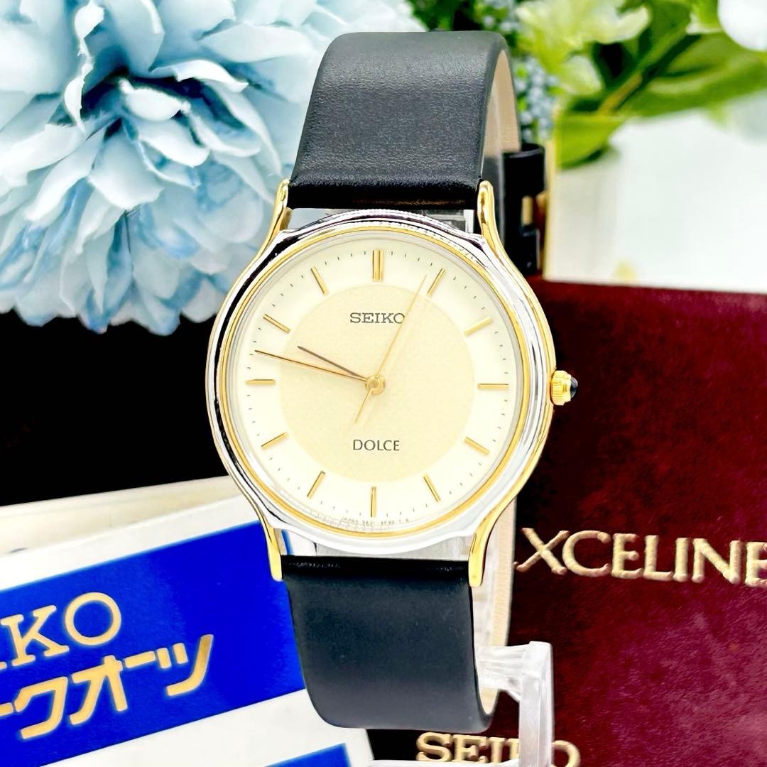 Seiko Elegance Watch Cal 5E31-6D60 Quartz Gold White Black wrist 20cm