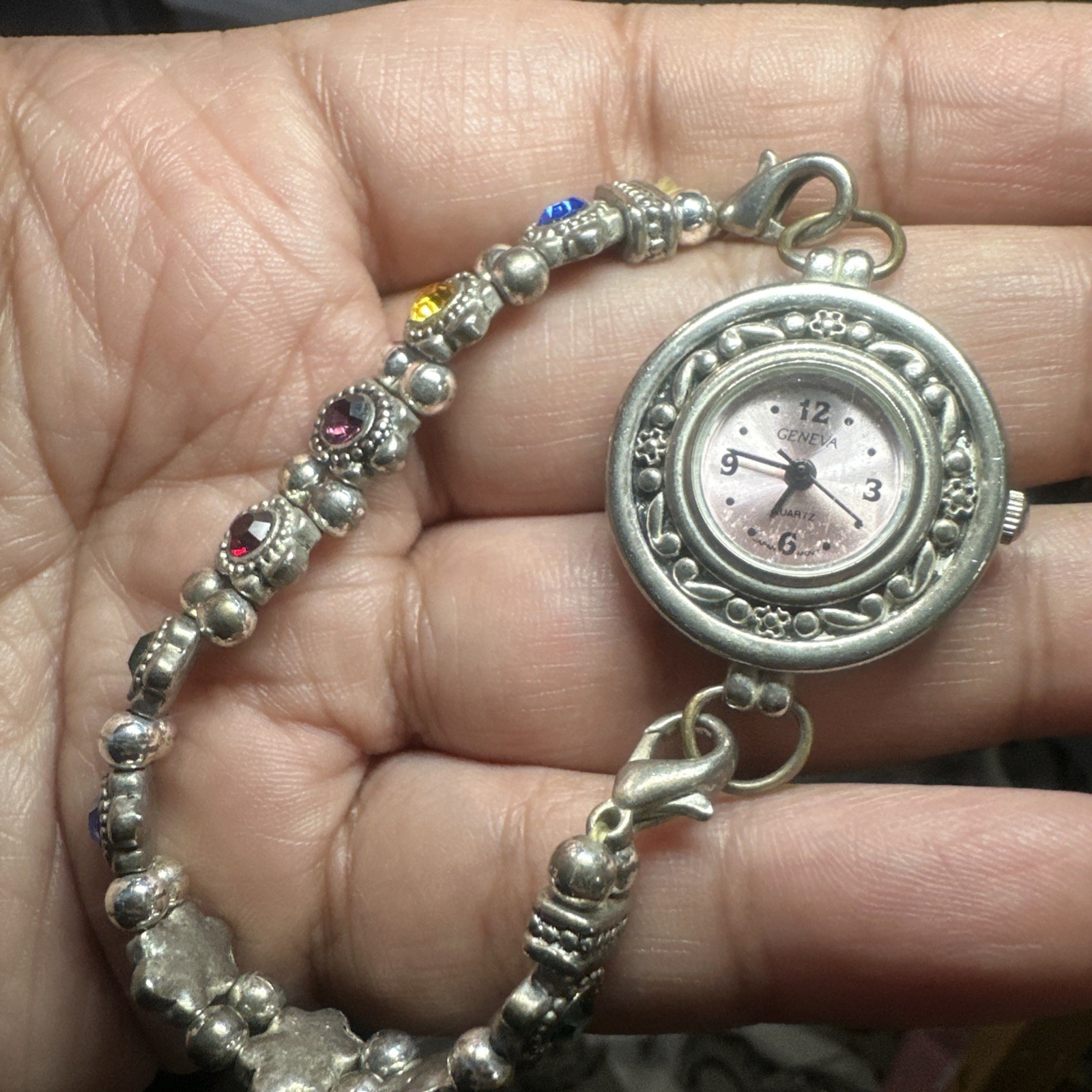 Working Geneva Pink dial Colorful Stone Bracelet Ladies Watch Silver Tone 26mm 7
