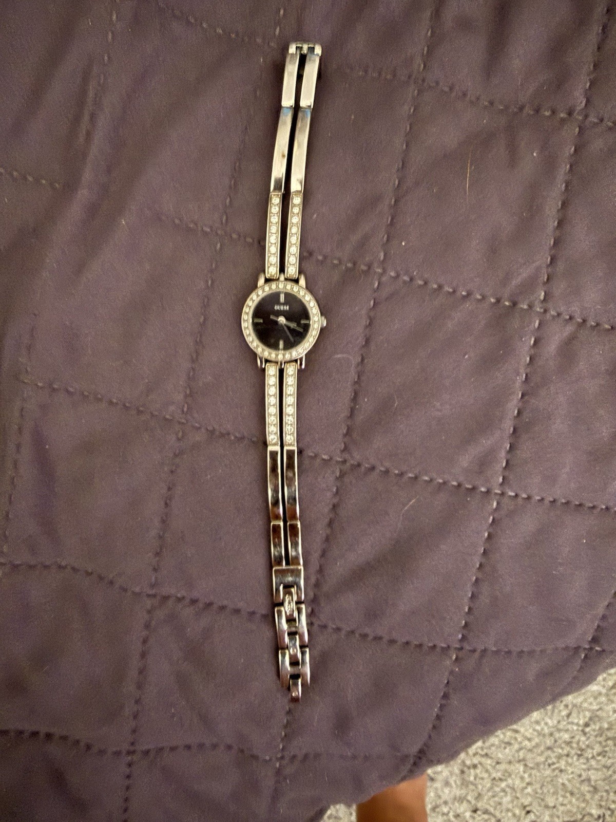Guess G75823L Silver Tone Bangle Watch Black Dial Crystal Accent