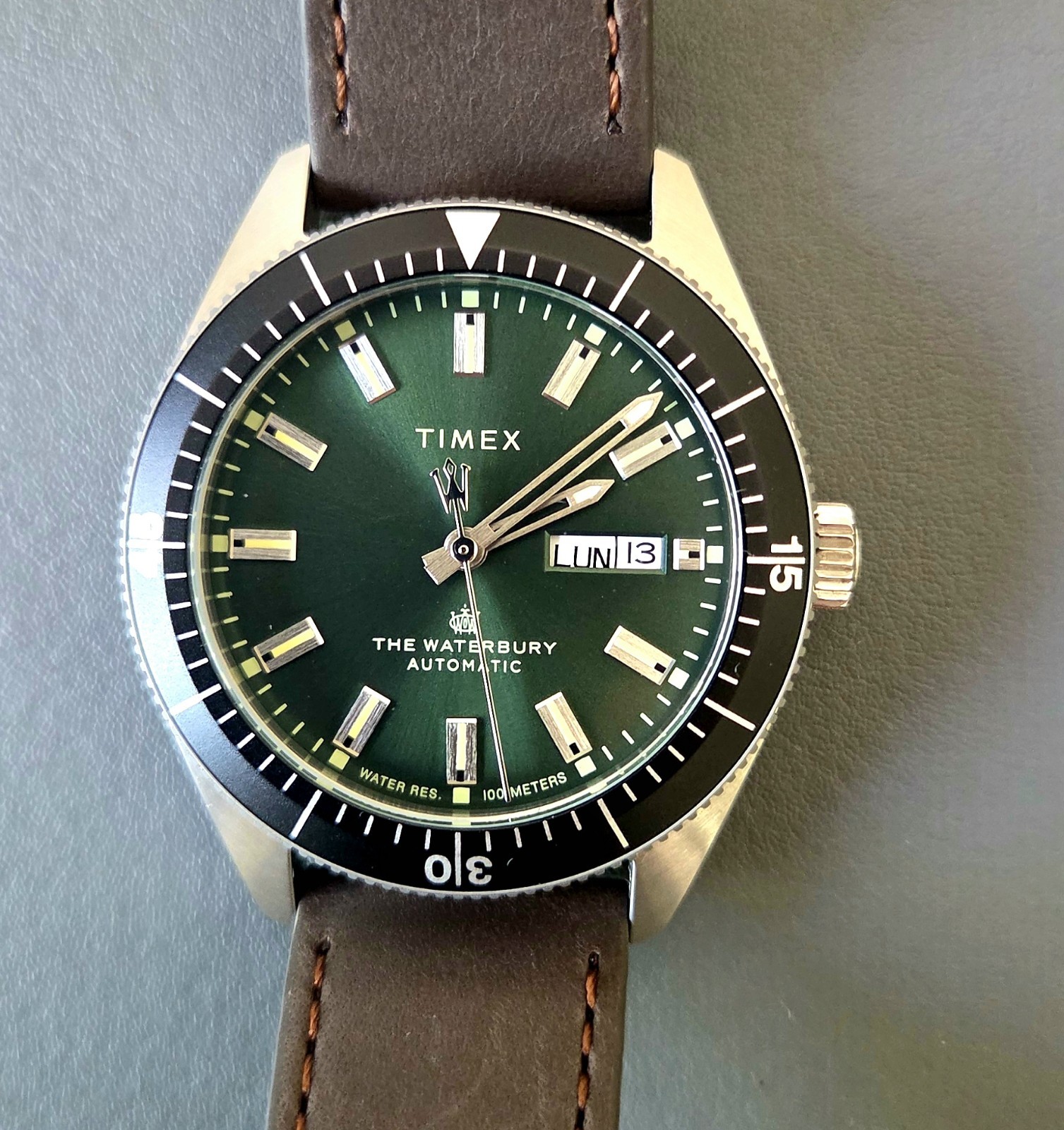 Timex Waterbury Automatic 40mm Green Dial Brown Leather Strap TW2V24700