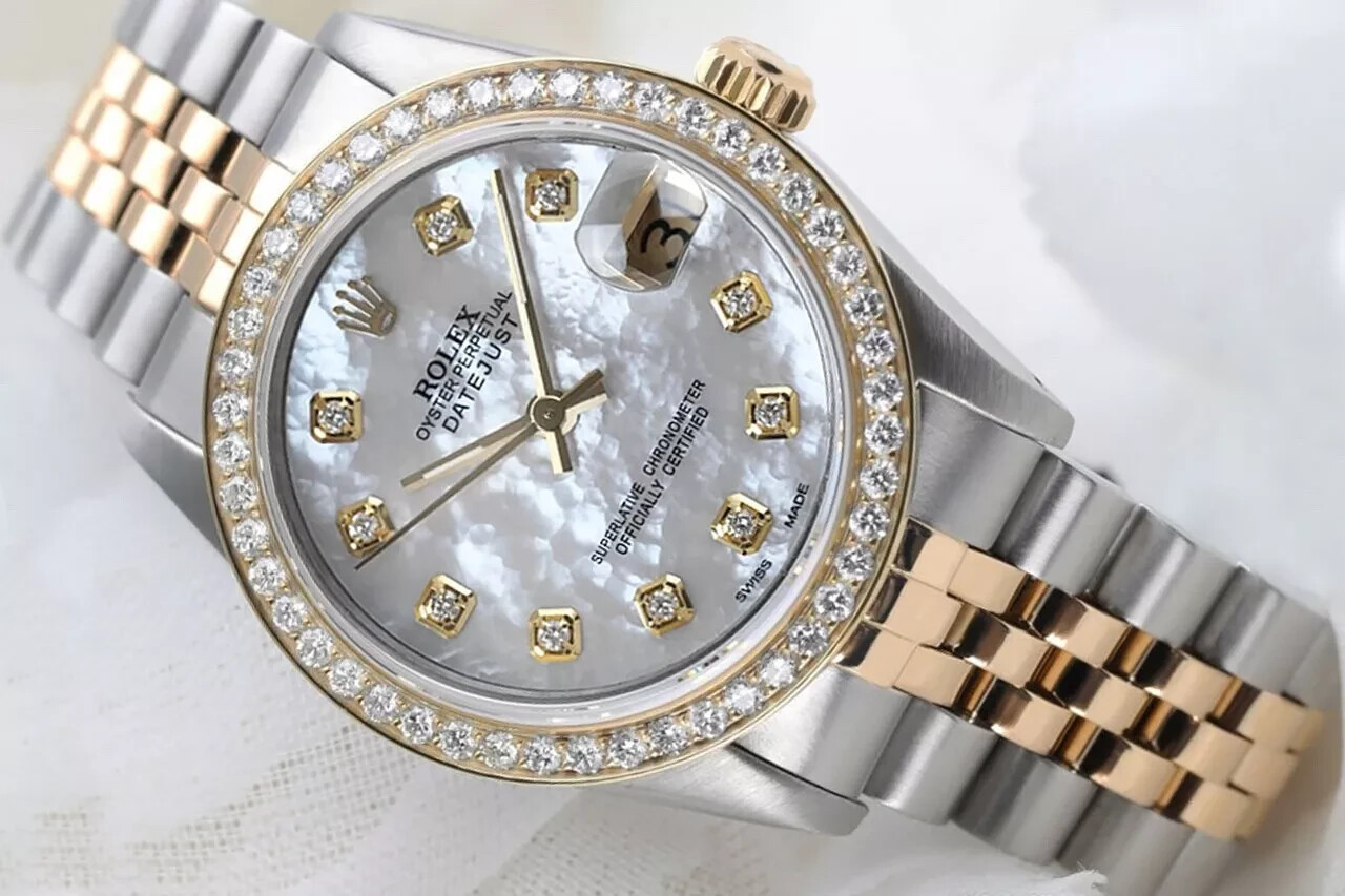 Womens Rolex Datejust 31 mm 2 Tone Watch White Mother Of Pearl Diamond Dial.