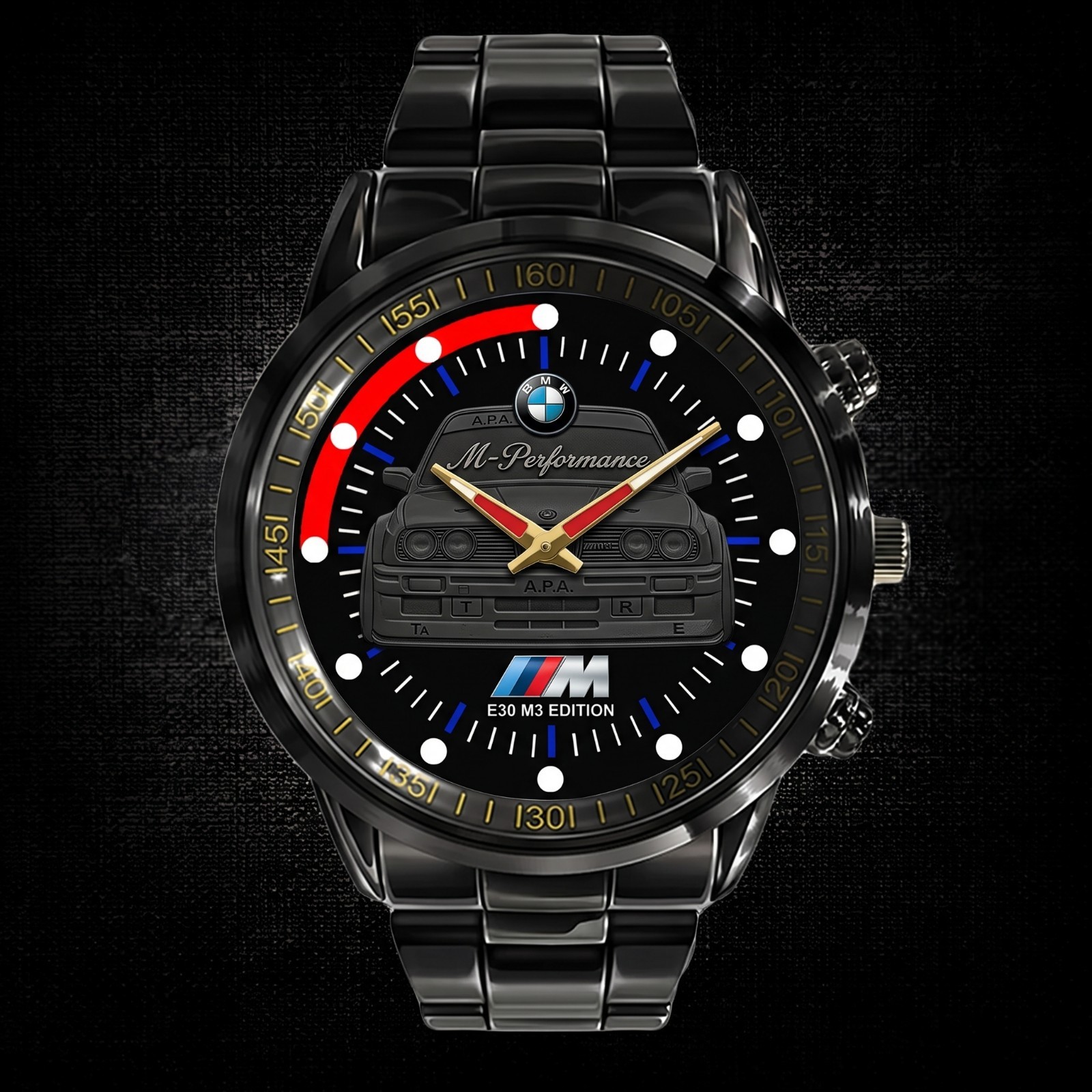 Personalized BMW M3 Performance Sports Sedan Stainless Steel Watch Yellow Dial