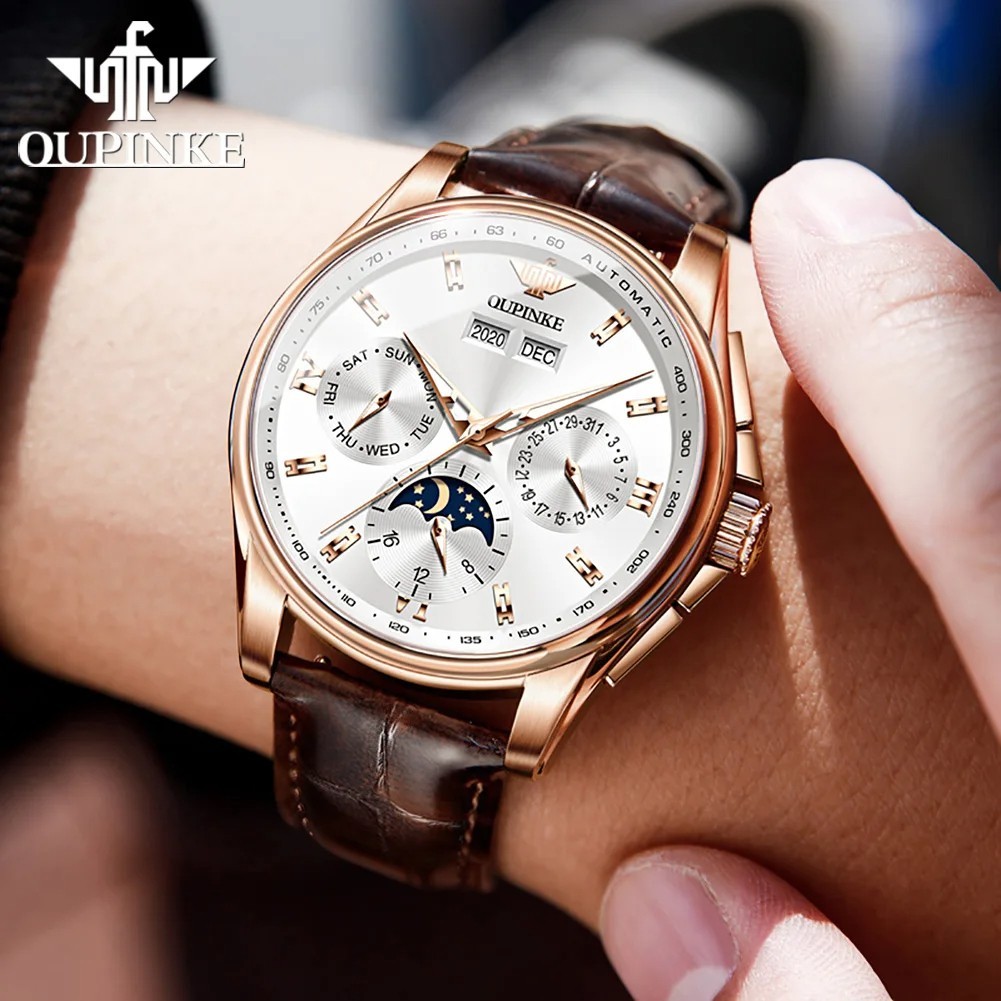 Automatic Mechanical Watch Waterproof Moon Phase Luxury Dial Men’s Men Strap
