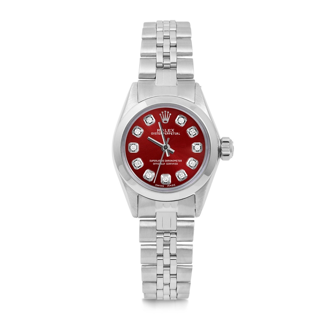 Rolex Ladies Oyster Perpetual Red Diamond Dial Smooth Bezel Jubilee Band