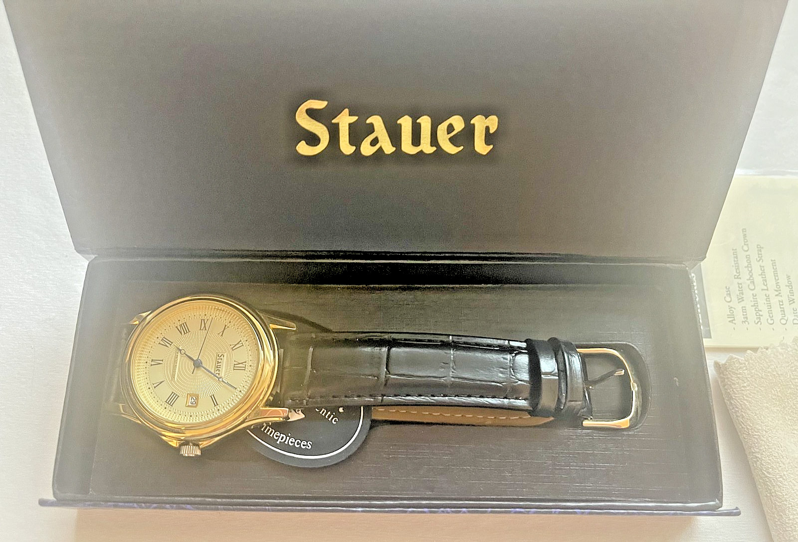 Stauer Wrist Watch Men 38mm Gold Tone Dial Date Black Leather Band Battery works