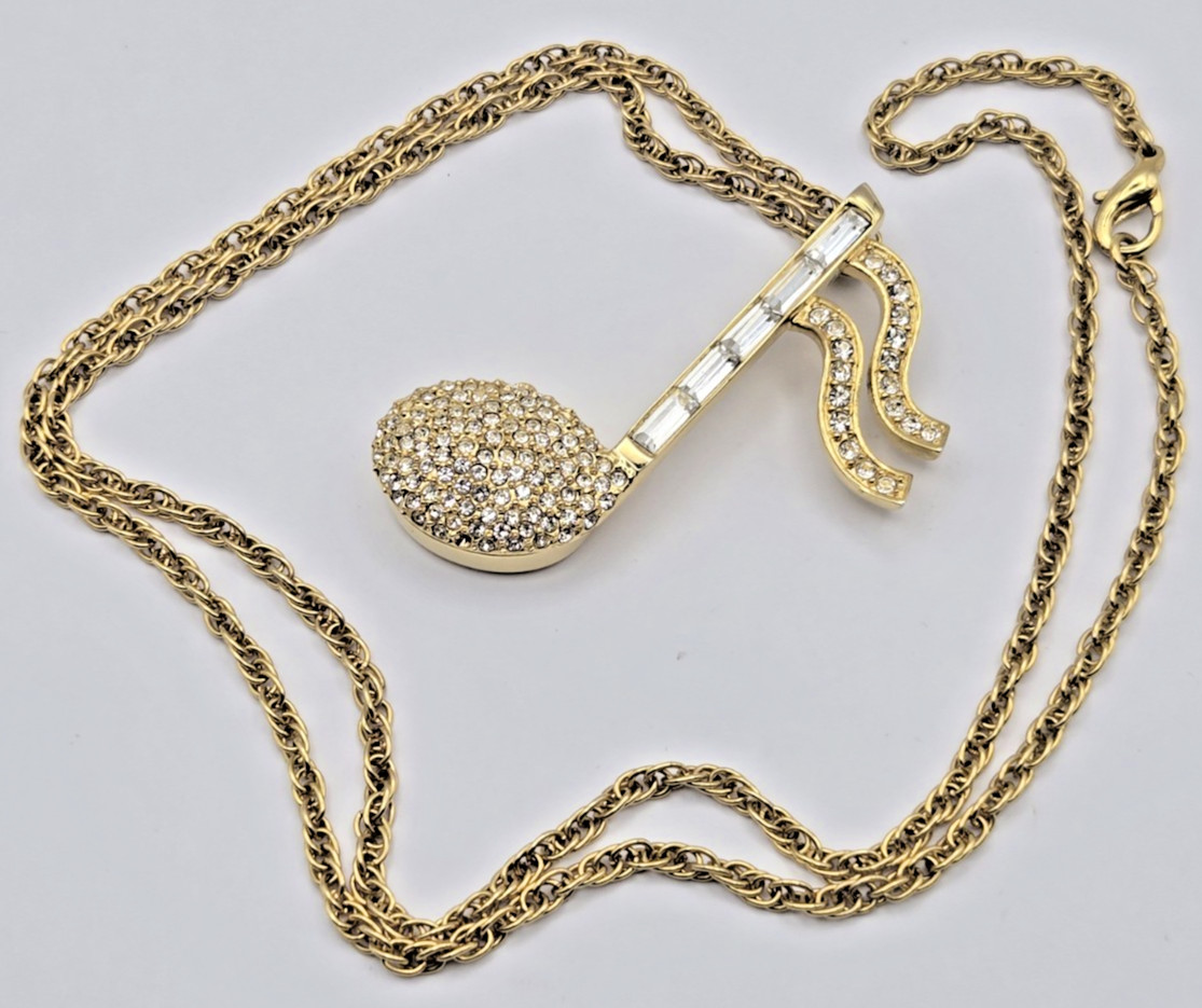 Vintage Xanadu 8th Note MOP Pendant Watch Crystal Rhinestones & Gold Plate Chain