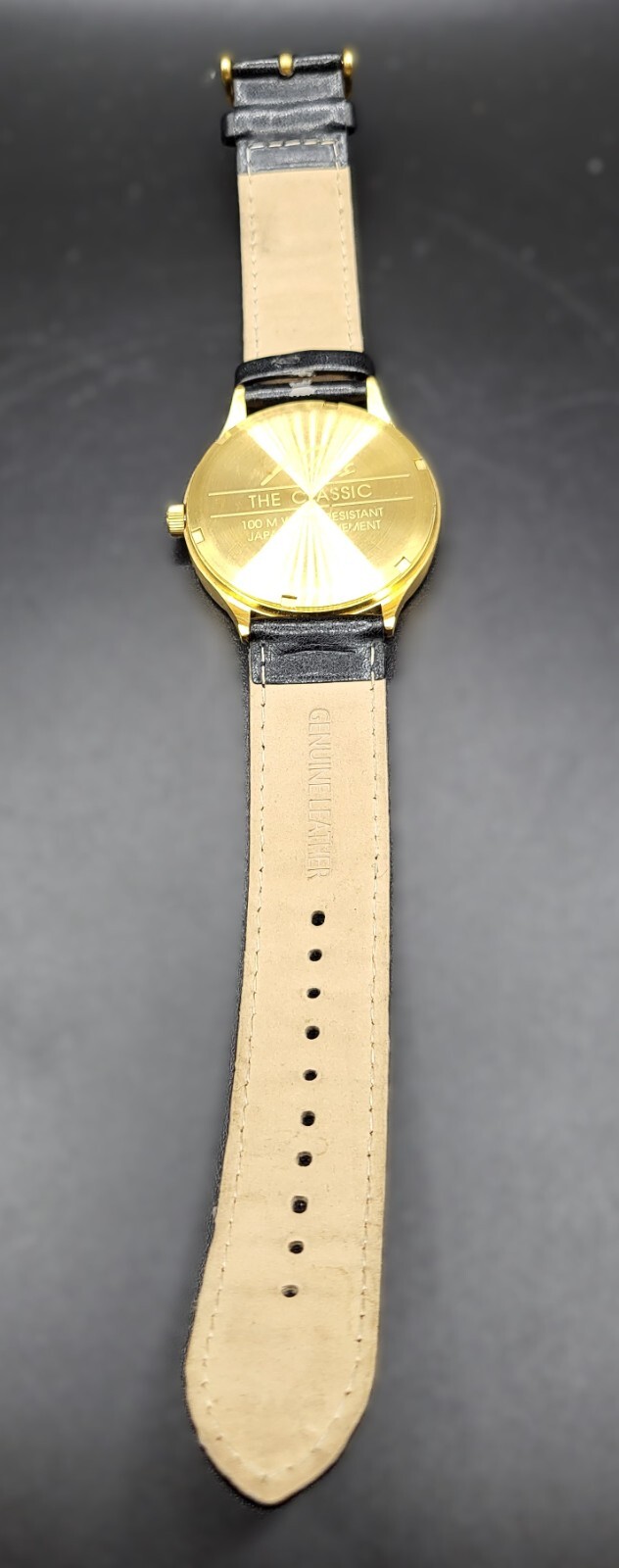 Plus Japan Mens Gold Tone Analog 36 mm Quartz Watch Leather Strap 100m WR
