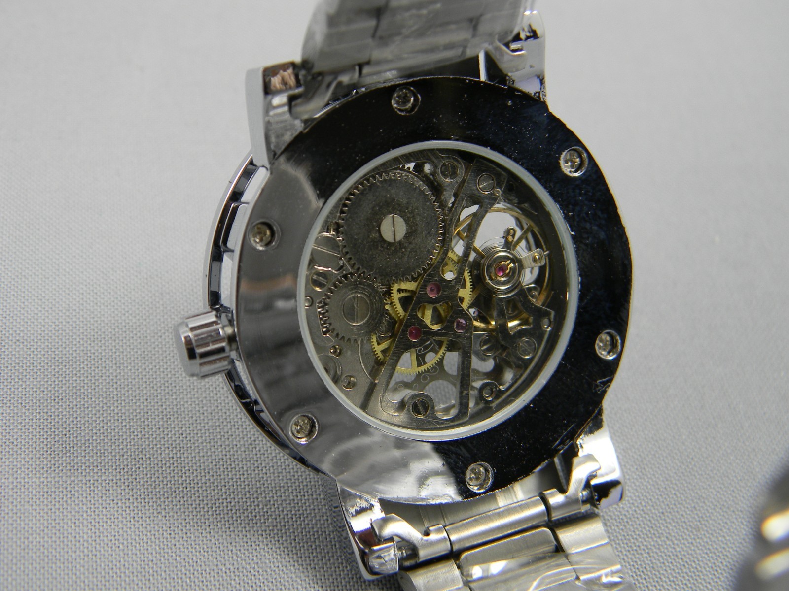 T-Winner Skeleton Watch Men 40mm Glass Mechanical Manual Wind White/Silver 8.25″