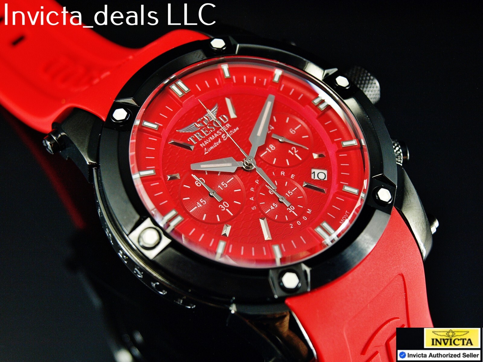 Tresod Men’s NAVMASTER Chronograph Red Dial Black Tone Sapphire Crystal SS Watch