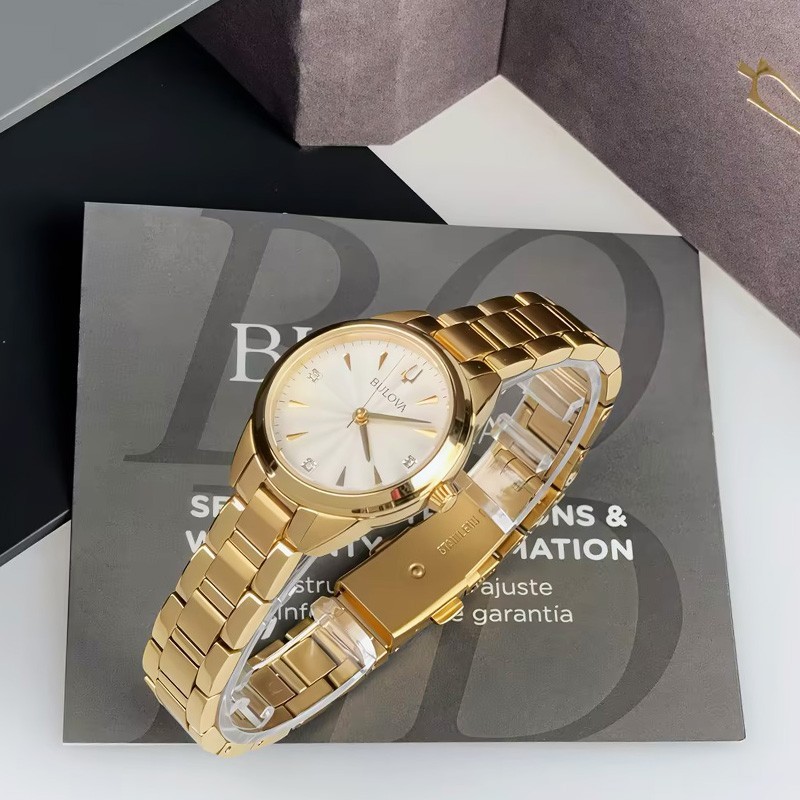 Bulova Sutton 97P150 White Diamond Dial Gold Bracelet Women’s Quartz Watch 28mm