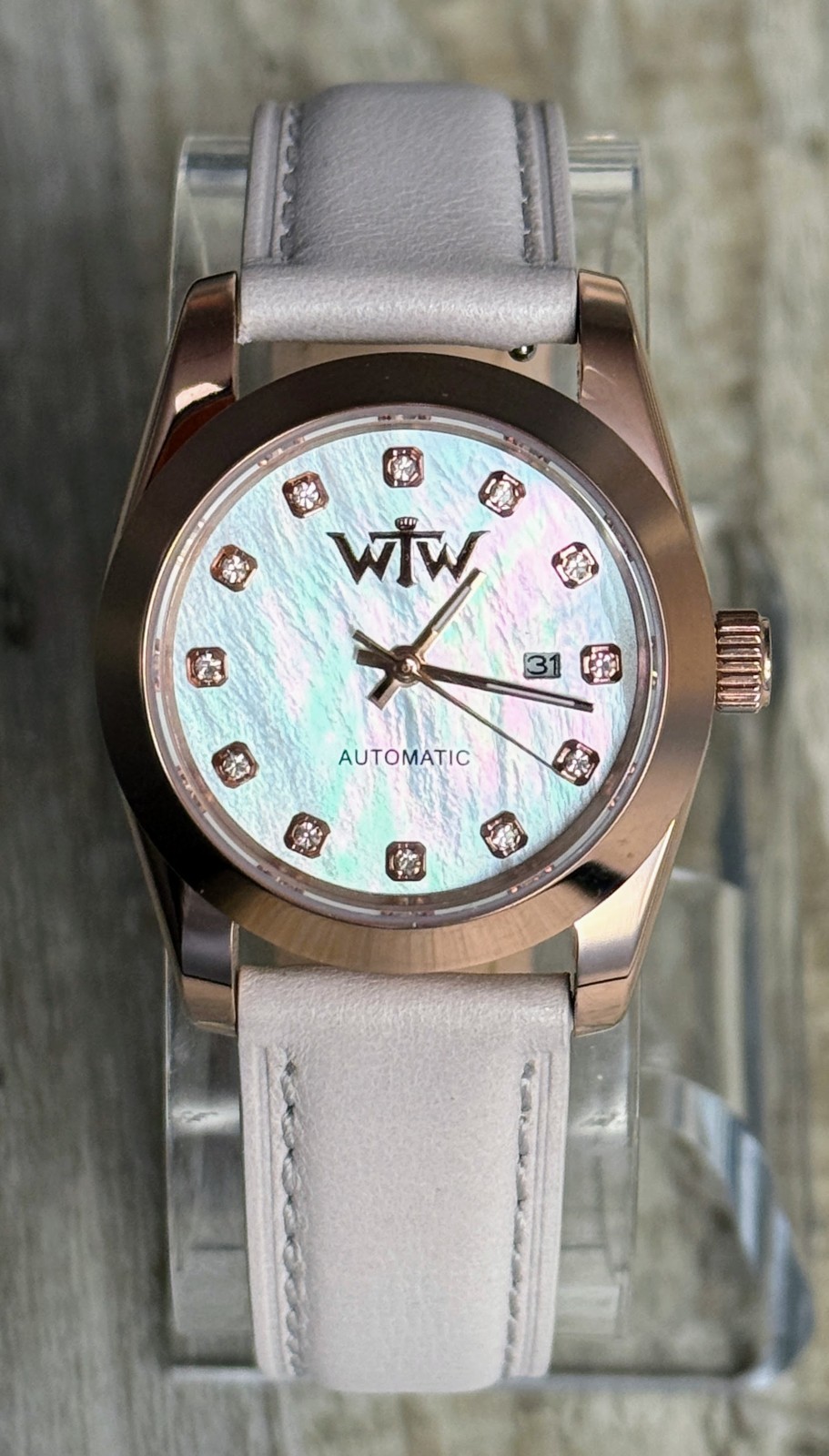 Rose Gold Women’s Automatic Watch With Mother-of-Pearl Style Dial, White Leather