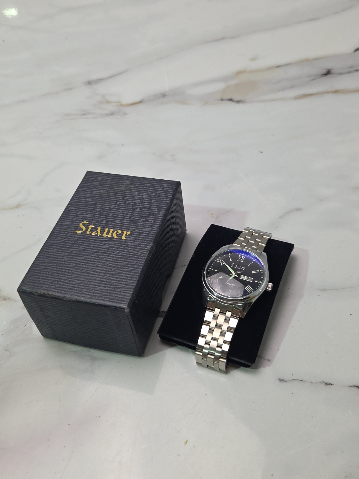 Vintage STAUER 35713 Blue Face Mens Watch With Original Box. Never Worn