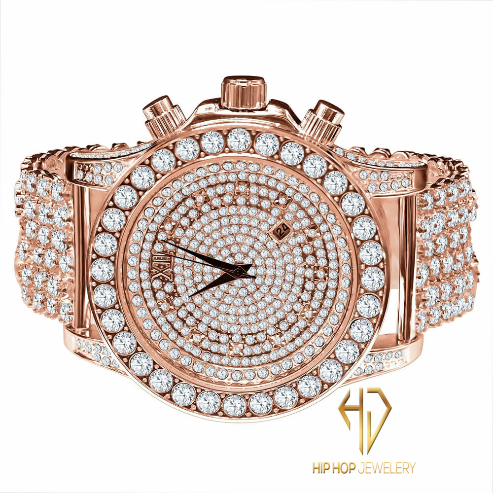 Rose Gold 2 Tone Simulated Diamond Solitaire Bling Master Custom Watch With Date