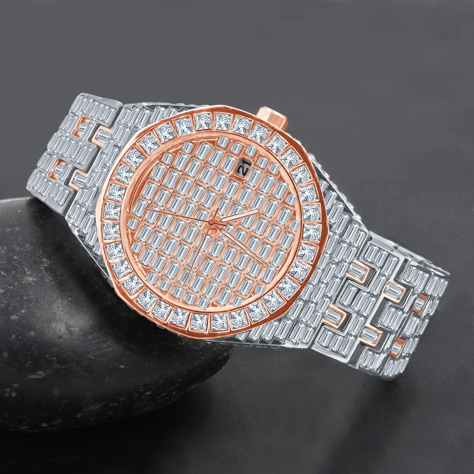 Men’s Baguette Iced Out 18K Watch Rose Gold Silver CZ Date Quartz 40mm