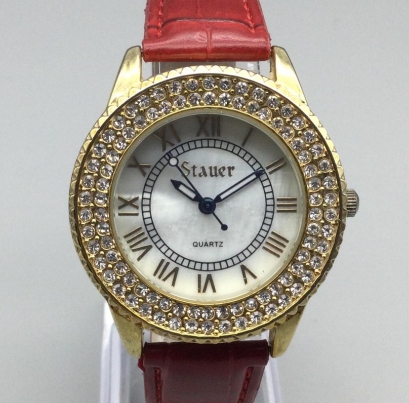 Stauer Watch Womens 38mm Gold Tone Crystal Bezel Red Leather Band New Battery