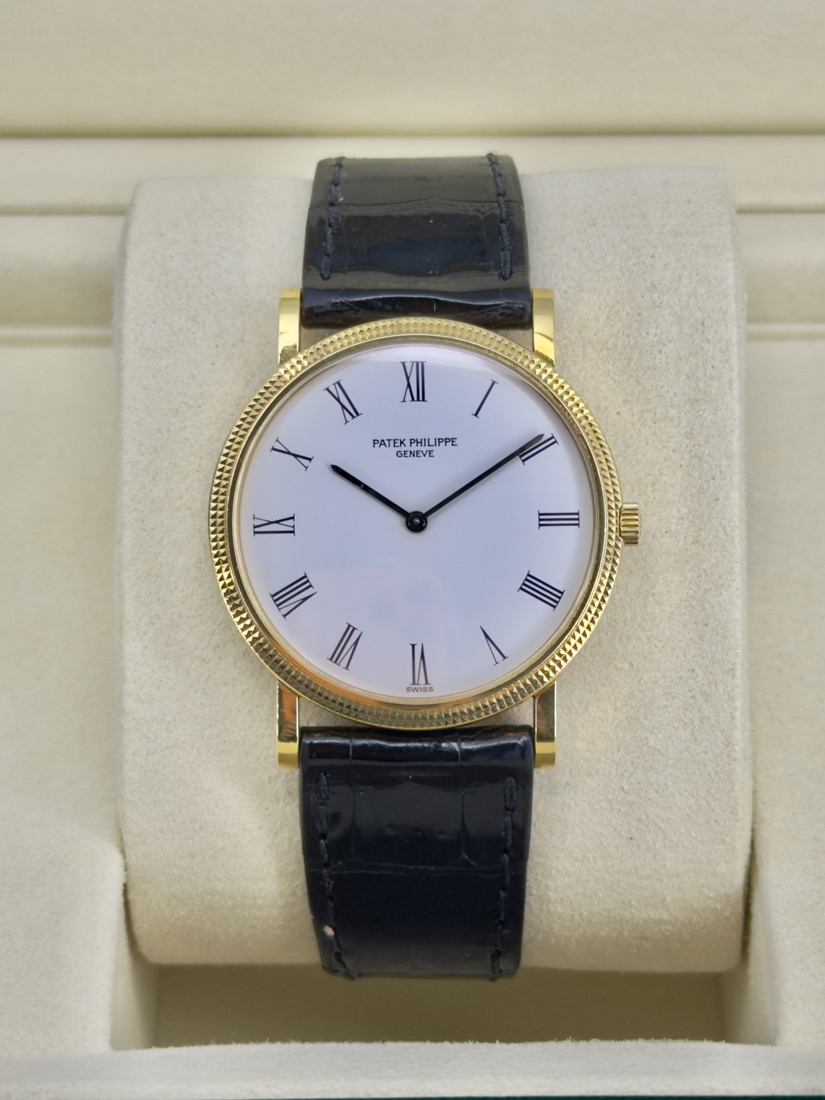 Patek Philippe Calatrava White Roman Dial on Black Leather Strap 3520 Papers