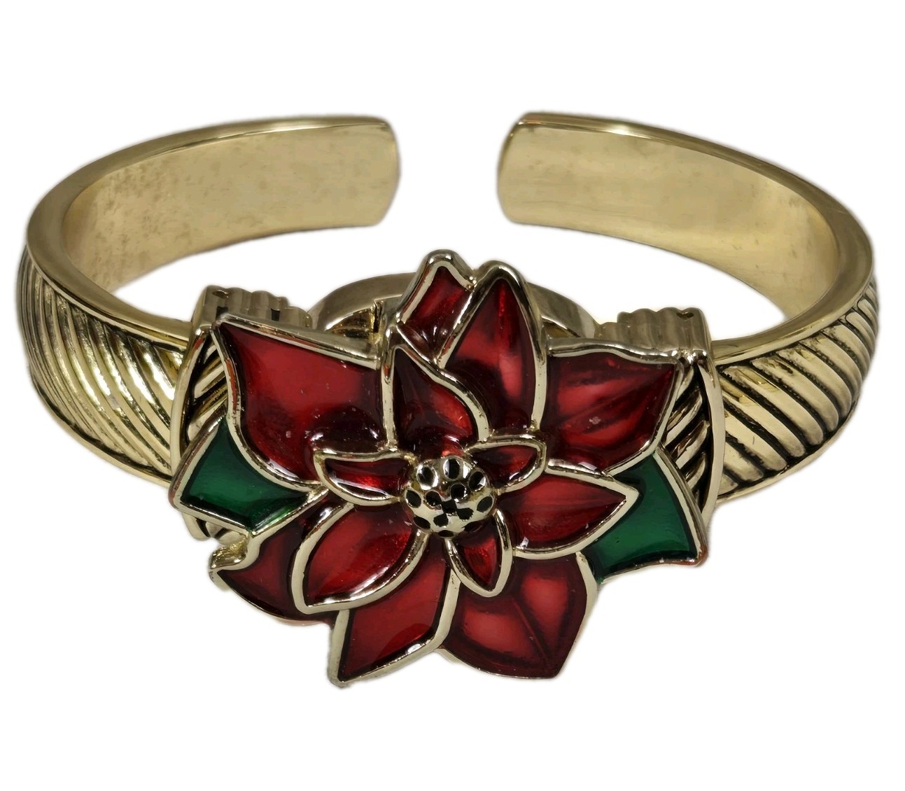 Poinsettia Hidden Dial Vintage Christmas Watch Gold Bangle Band Cuff Works