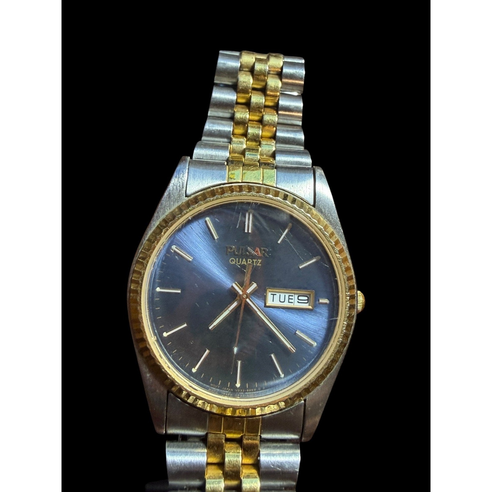 Pulsar Quartz Day Date Two-Tone Men’s Wristwatch Blue Dial Stainless Steel