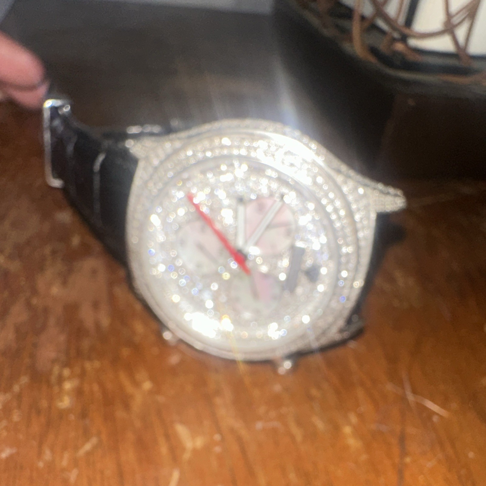 Men’s Silver Tone Chronograph Diamond watch Silver Dial Black Leather Strap